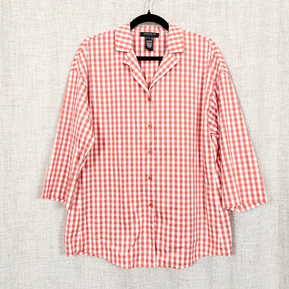 Lafayette 148 Red Gingham Button Down Shirt Sz M Nantucket Red Preppy Coastal